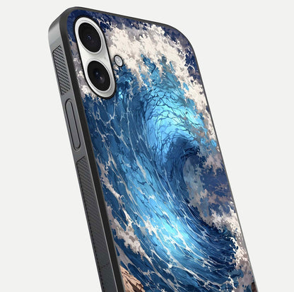 Giant Ocean Wave Glass Case for iPhone 17 close-up angled shot showing wave texture and water reflection shine