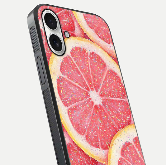Glitter Grapefruit Glass Case for iPhone 17 close-up angled shot showing fruit texture and glitter reflection