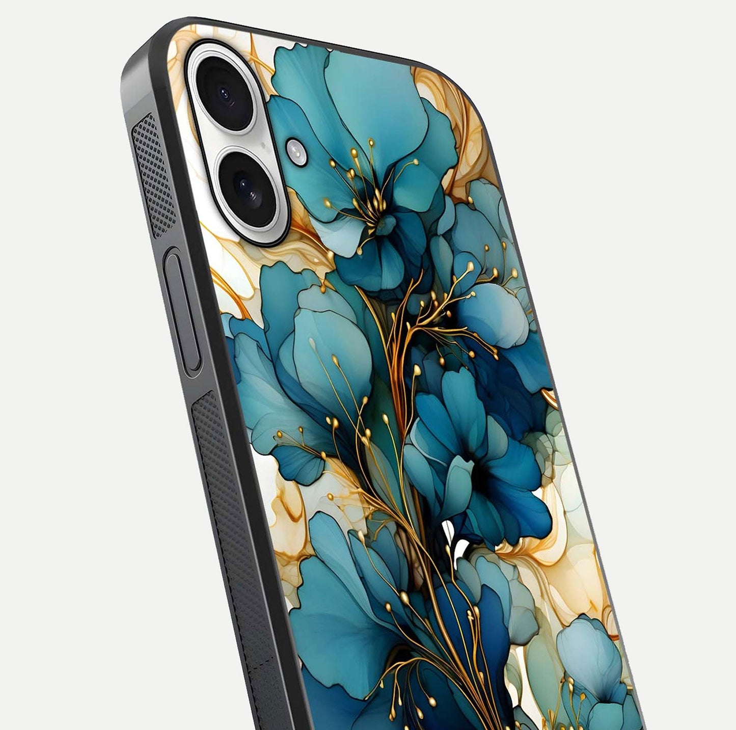 Golden Bloom Symphony Glass Case for iPhone 17 close-up angled shot showing detailed petals and metallic gold reflection