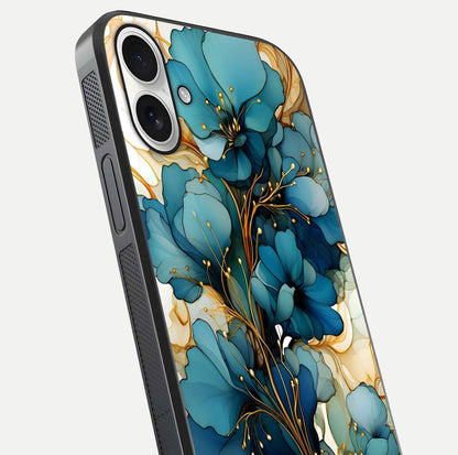 Golden Bloom Symphony Glass Case for iPhone 17 close-up angled shot showing detailed petals and metallic gold reflection