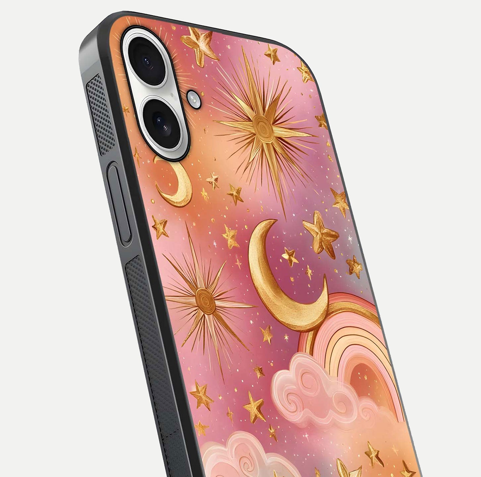 Golden Celestial Dreams Glass Case for iPhone 17 close-up angled shot showing cosmic gold tones and reflection shine