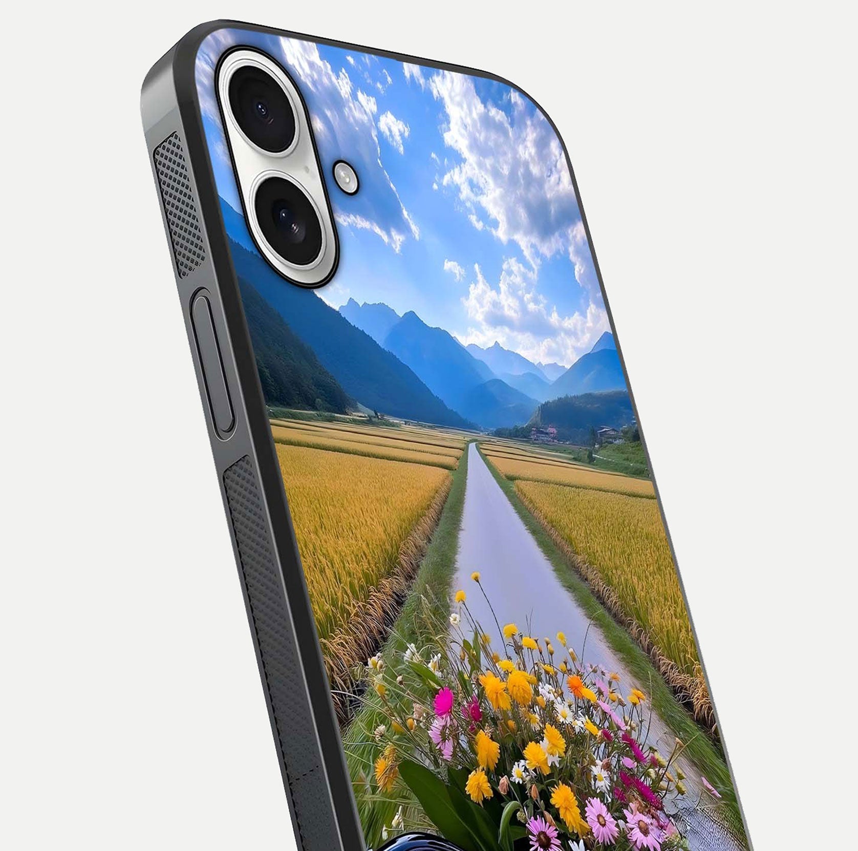 Golden Field Journey Glass Case for iPhone 17 close-up angled shot showing sunlight tones and reflection clarity