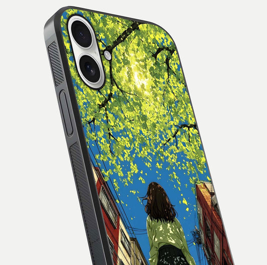 Golden Leaves Glow Glass Case for iPhone 17 close-up angled shot showing fine leaf texture and reflection shine