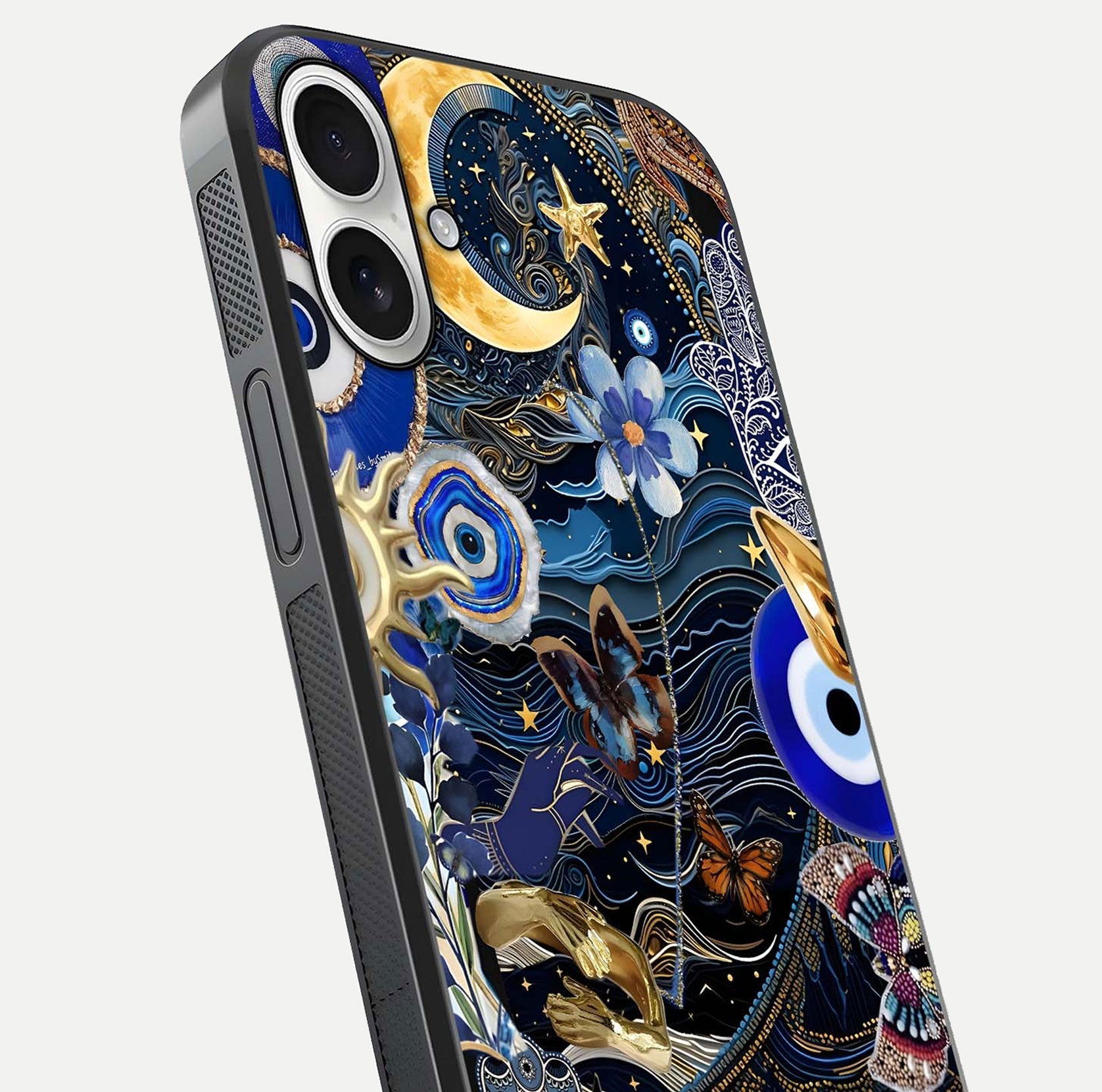 Golden Moon Magic Glass Case for iPhone 17 close-up angled shot showing lunar glow, star detail, and reflection brightness