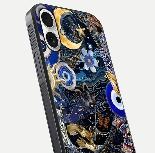 Golden Moon Magic Glass Case for iPhone 17 close-up angled shot showing lunar glow, star detail, and reflection brightness