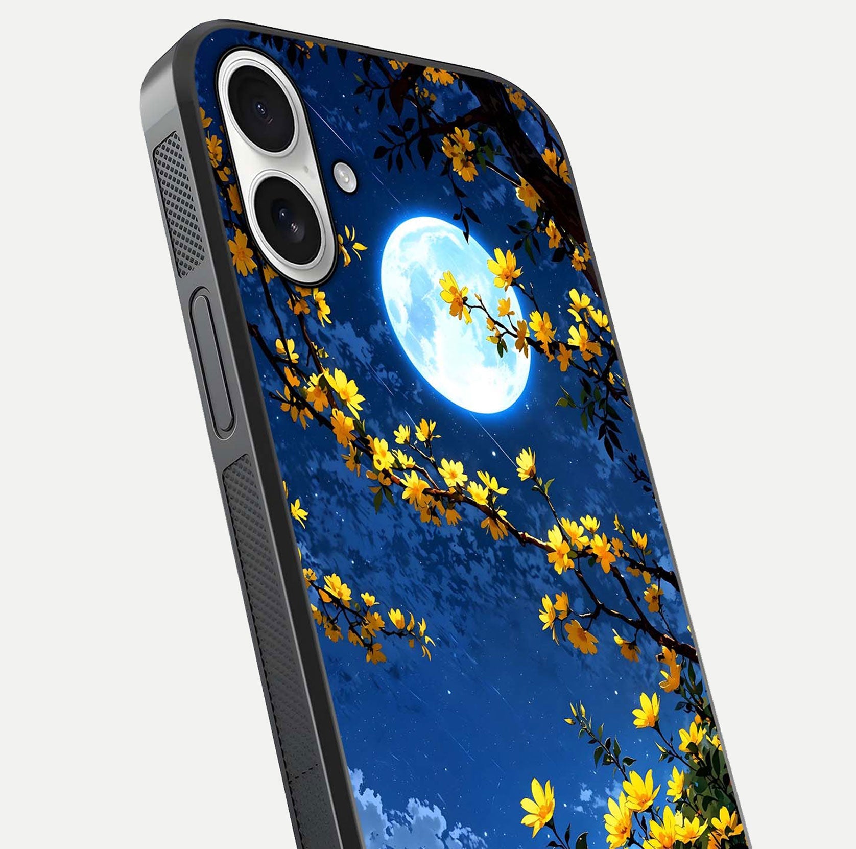 Golden Night Glow Glass Case for iPhone 17 close-up angled shot showing shimmer texture and light reflection