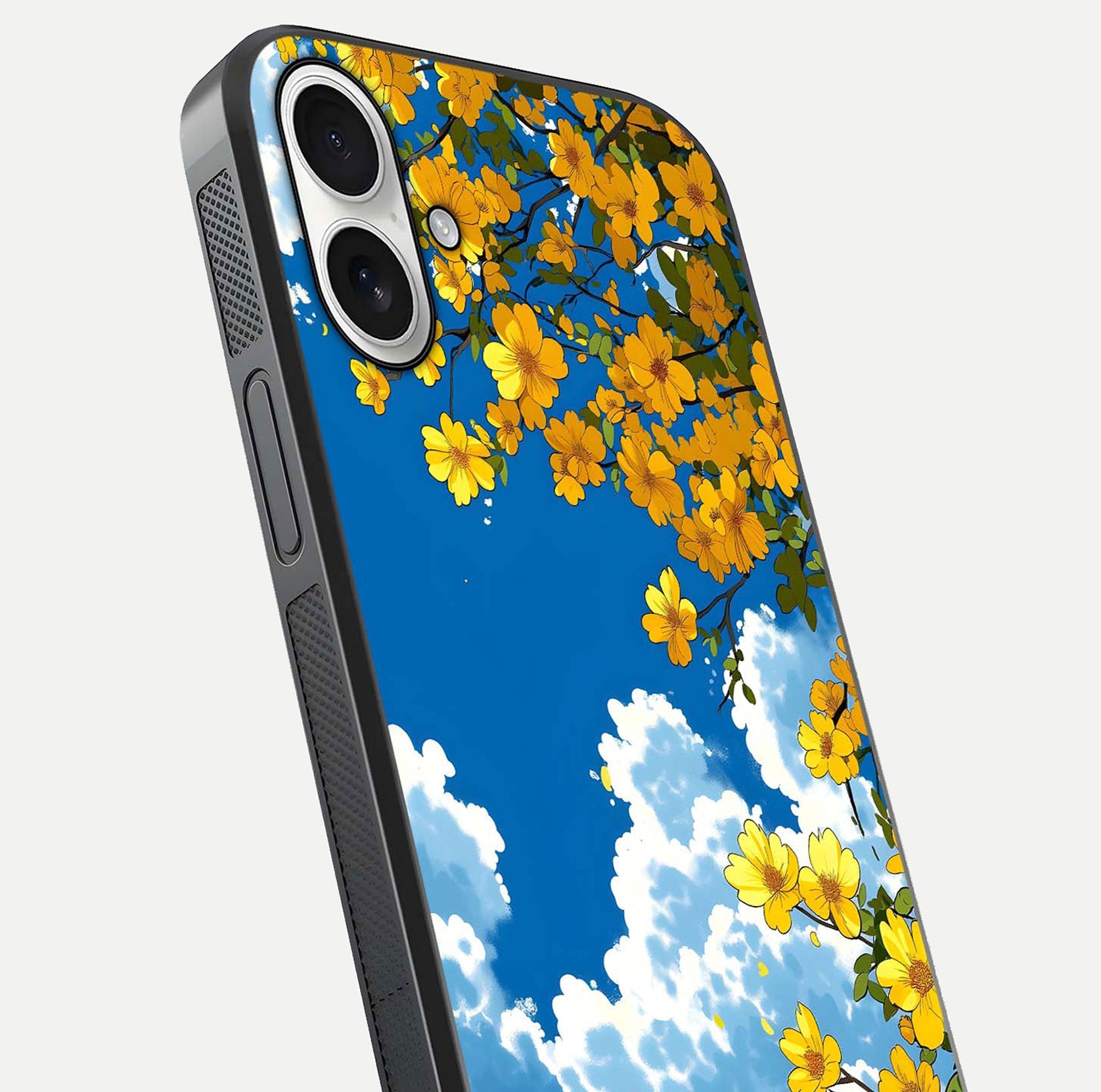 Golden Petal Sky Glass Case for iPhone 17 close-up angled shot showing petal texture and shine reflection