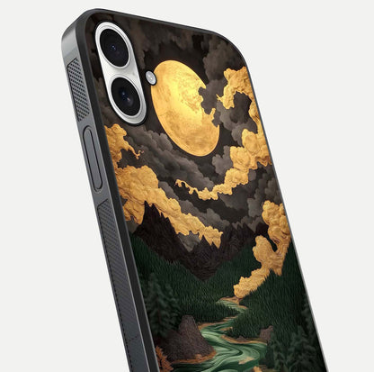 Golden River Moon Glass Case for iPhone 17 close-up angled shot showing moon reflection and water shine