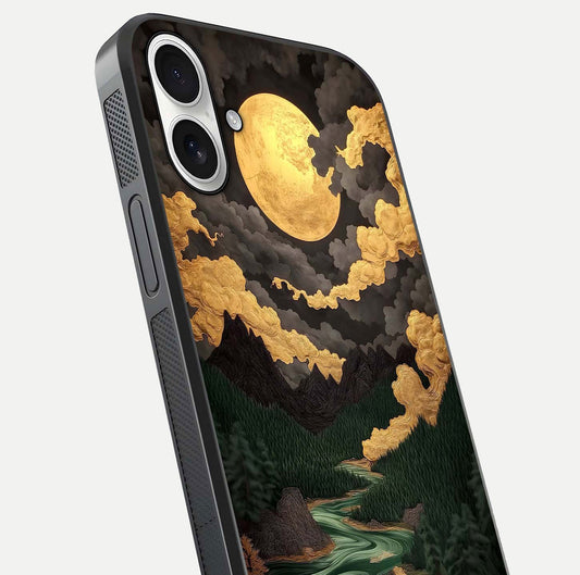 Golden River Moon Glass Case for iPhone 17 close-up angled shot showing moon reflection and water shine