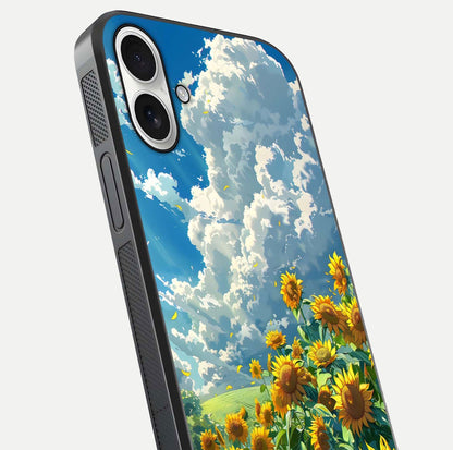 Golden Sun Glory Glass Case for iPhone 17 close-up angled shot showing sunlight reflection and gold detailing