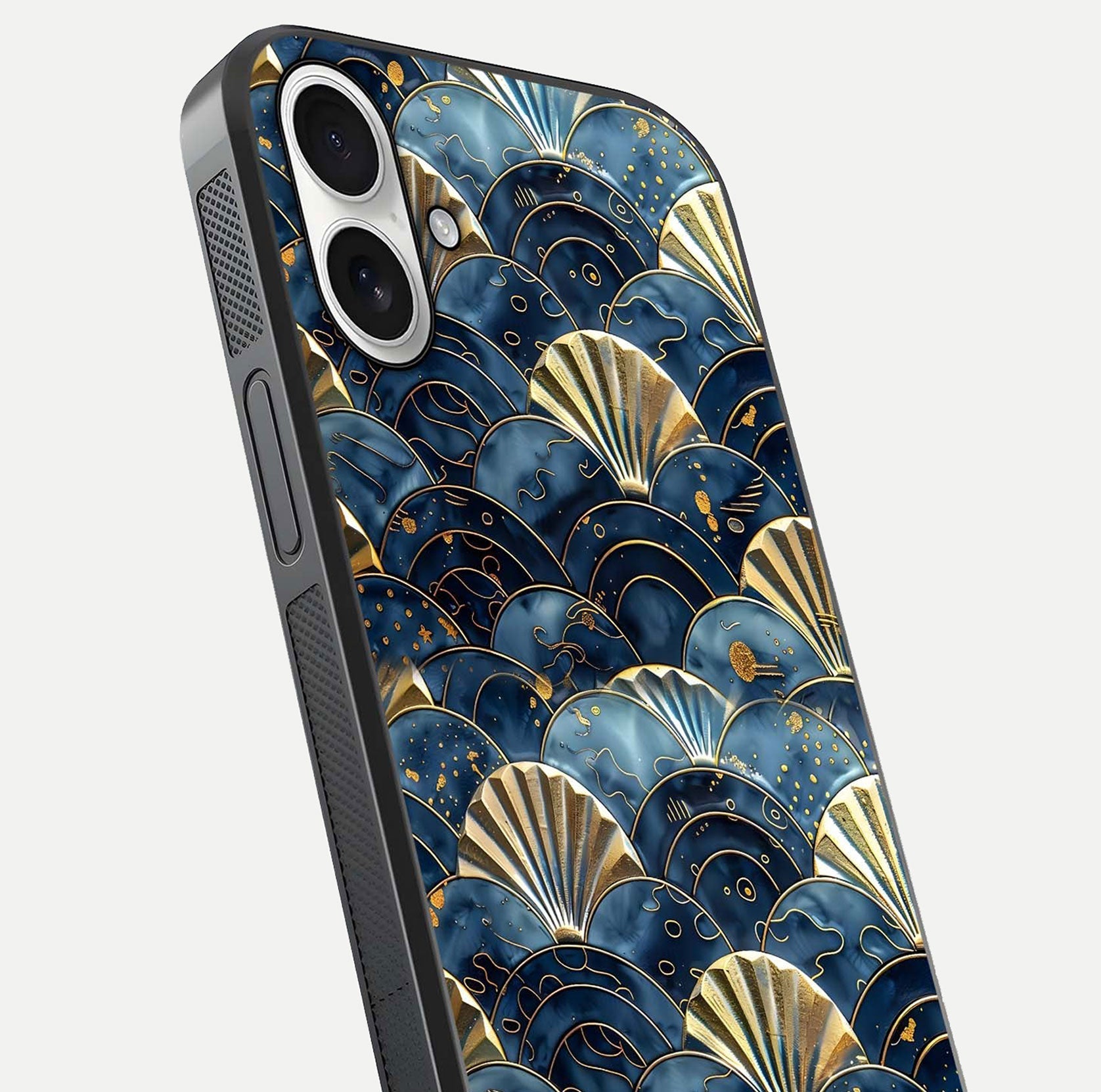 Golden Wave Luxe Glass Case for iPhone 17 close-up angled shot showing flowing wave texture and reflection brightness