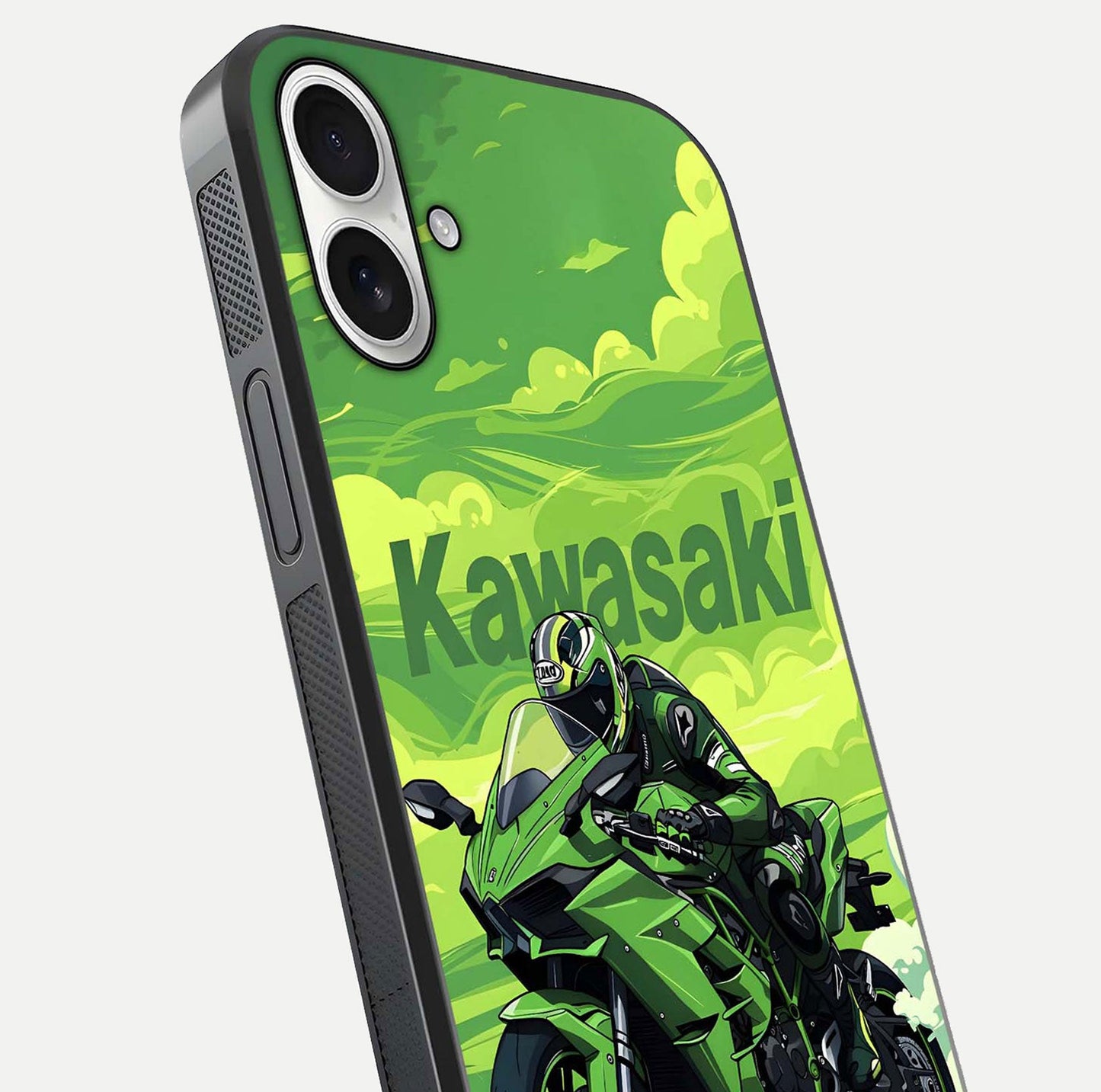 Green Kawasaki Glass Case for iPhone 17 close-up angled shot showing sporty line details and reflection shine