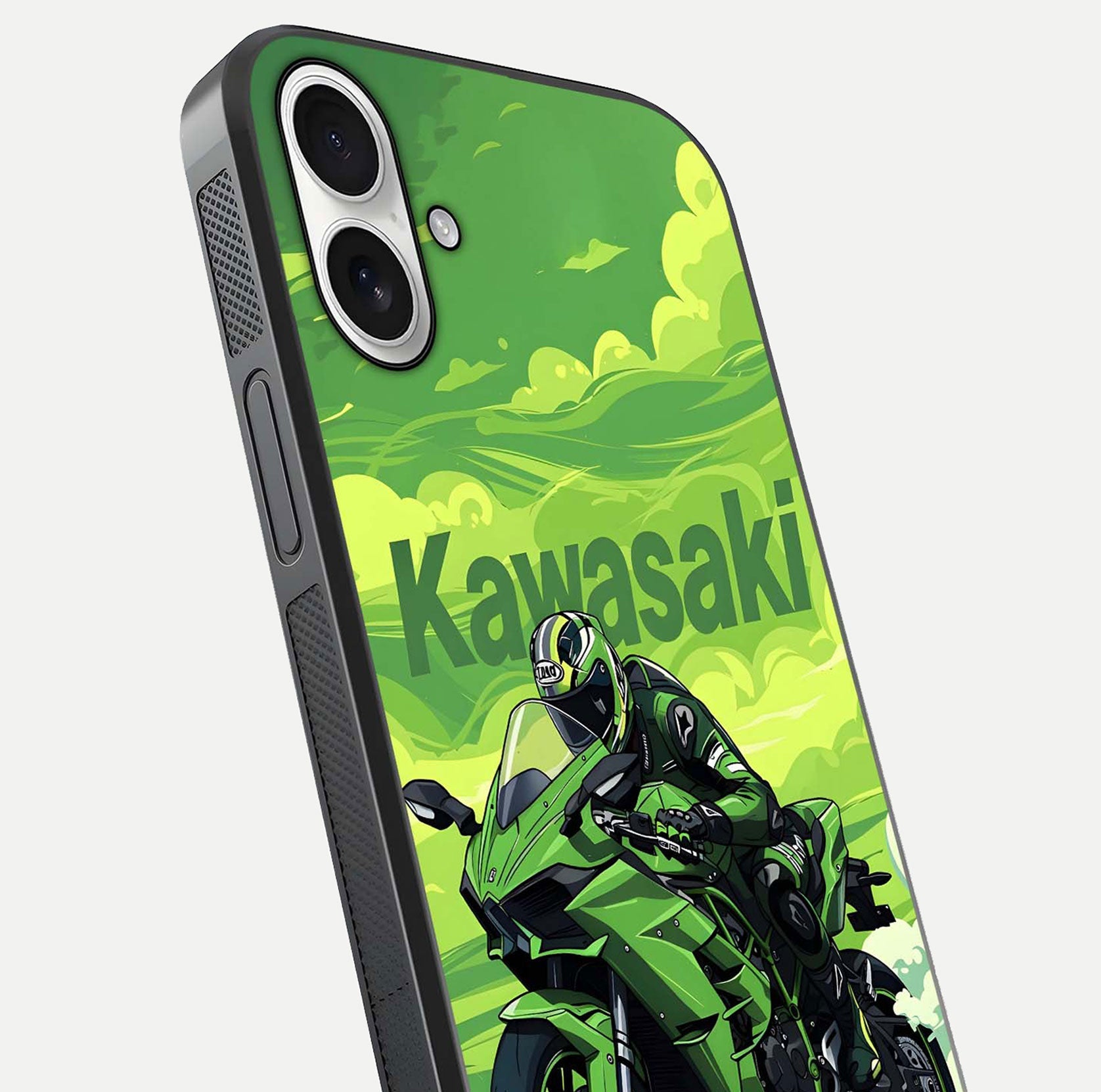 Green Kawasaki Glass Case for iPhone 17 close-up angled shot showing sporty line details and reflection shine