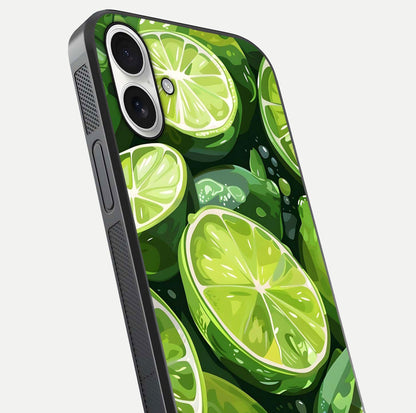 Green Lemon Glass Case for iPhone 17 close-up angled shot showing lemon slice texture and reflection brightness