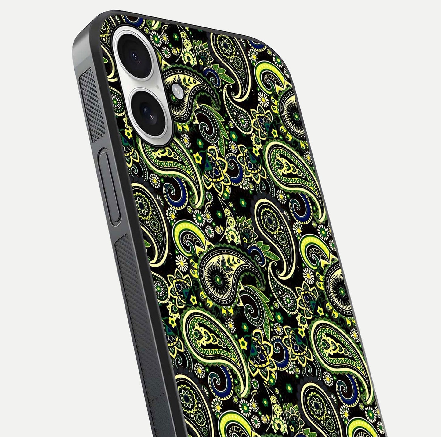 Green Mandala Pattern Glass Case for iPhone 17 close-up angled shot showing fine detailing and gold-green reflection