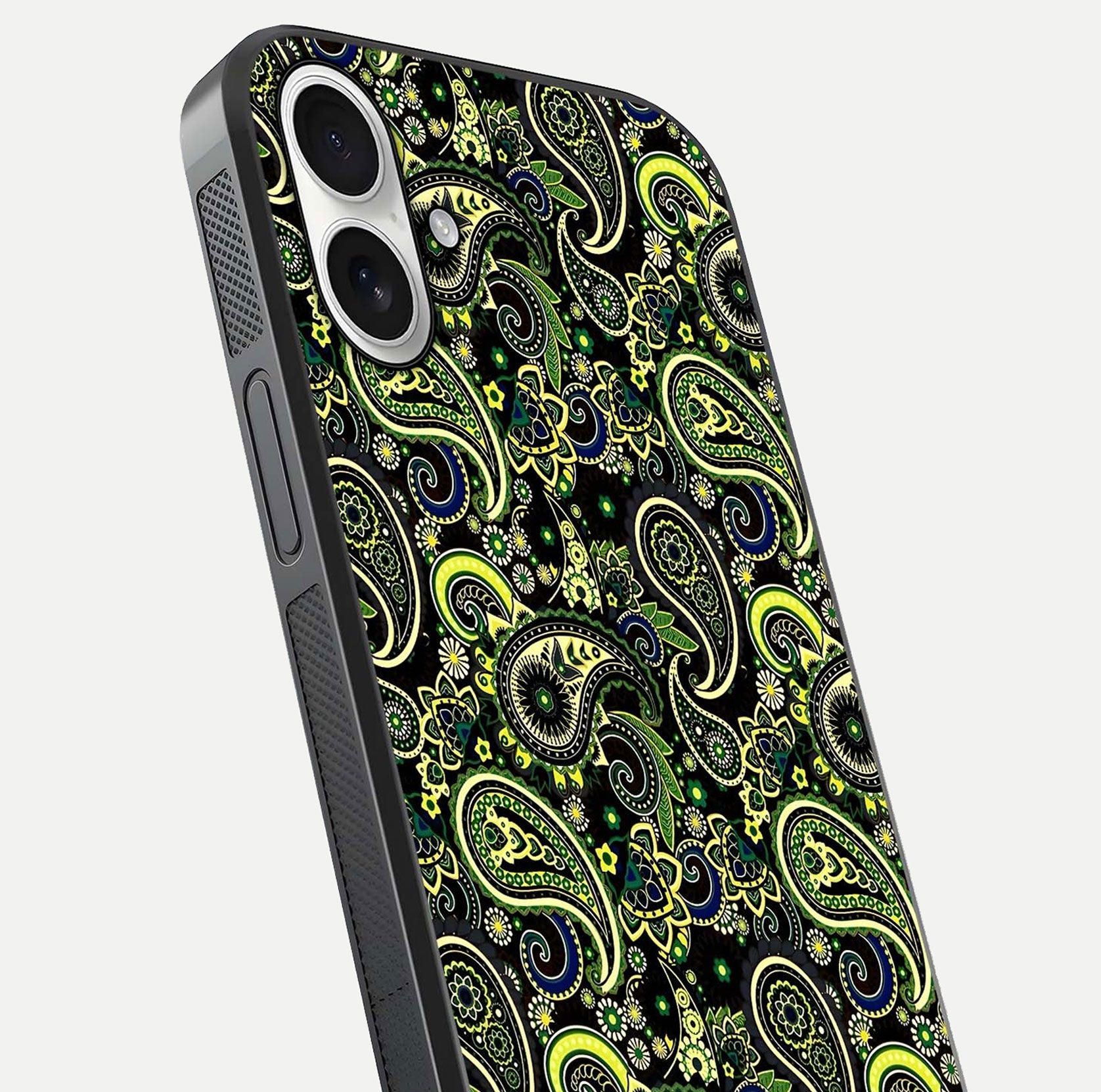 Green Mandala Pattern Glass Case for iPhone 17 close-up angled shot showing fine detailing and gold-green reflection