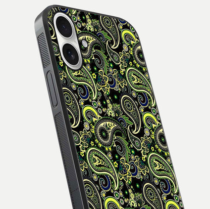 Green Mandala Pattern Glass Case for iPhone 17 close-up angled shot showing fine detailing and gold-green reflection