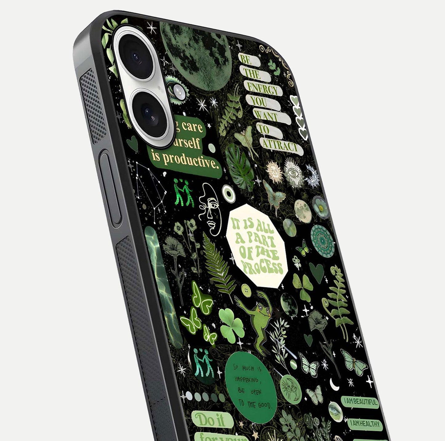 Green Moon Energy Glass Case for iPhone 17 close-up angled shot showing glowing lunar detail and reflection shine