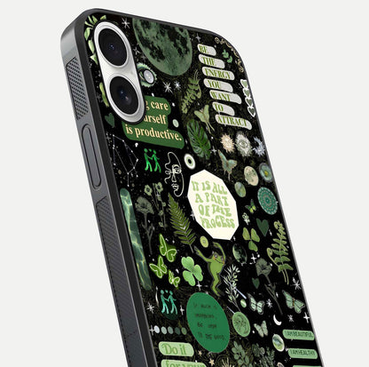 Green Moon Energy Glass Case for iPhone 17 close-up angled shot showing glowing lunar detail and reflection shine