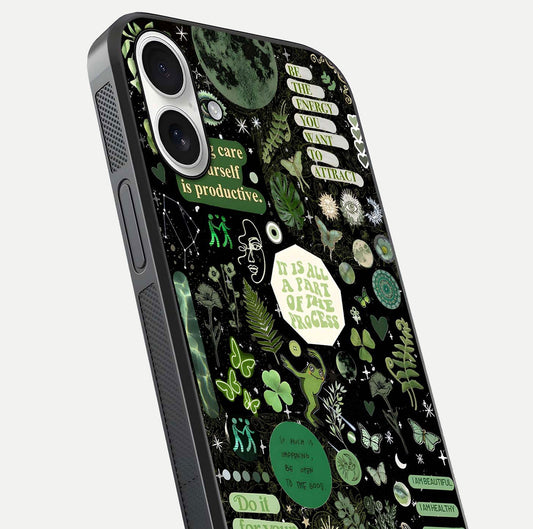 Green Moon Energy Glass Case for iPhone 17 close-up angled shot showing glowing lunar detail and reflection shine