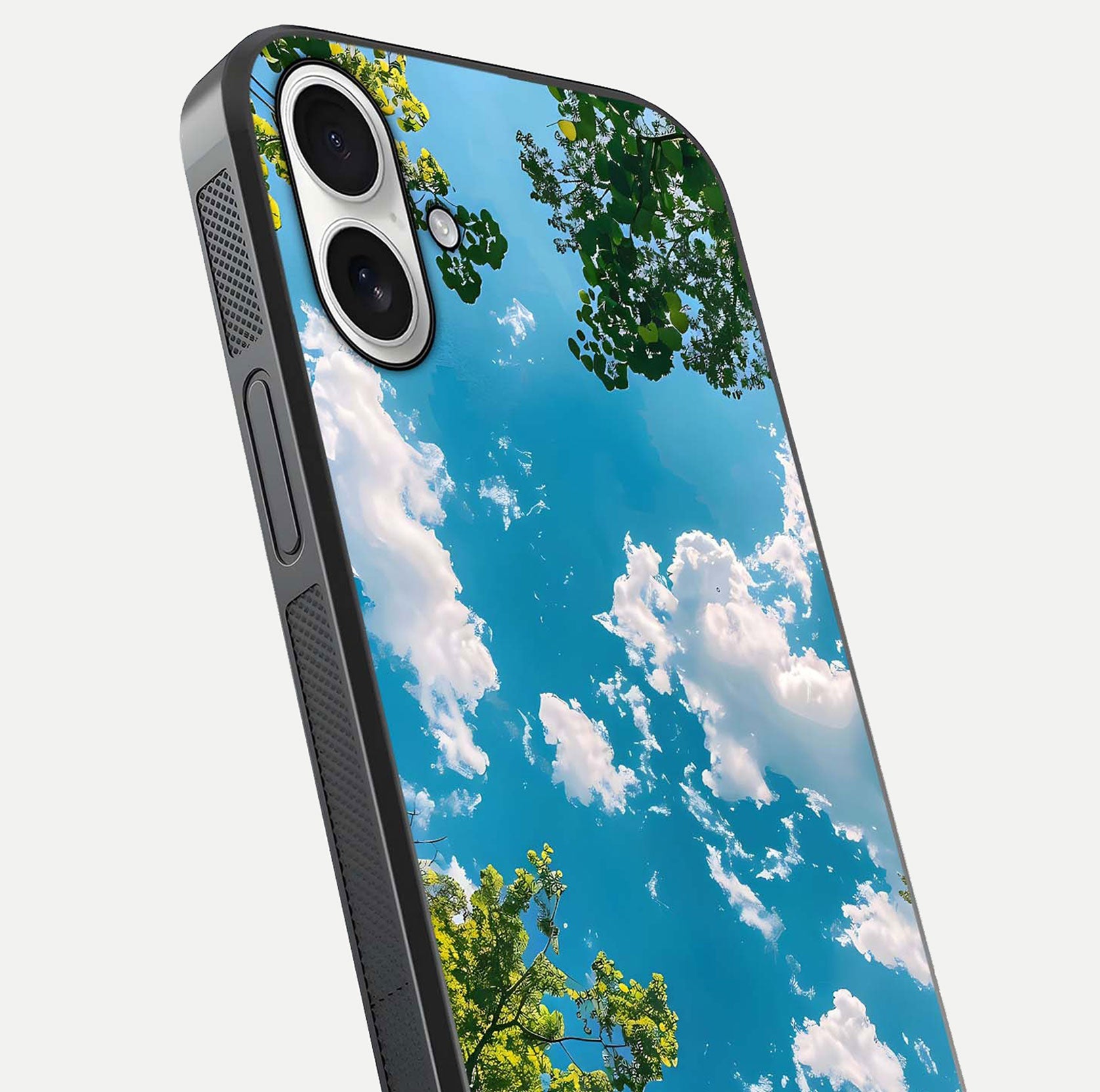 Greenery Sky Glass Case for iPhone 17 close-up angled shot showing leafy tones and reflection brightness