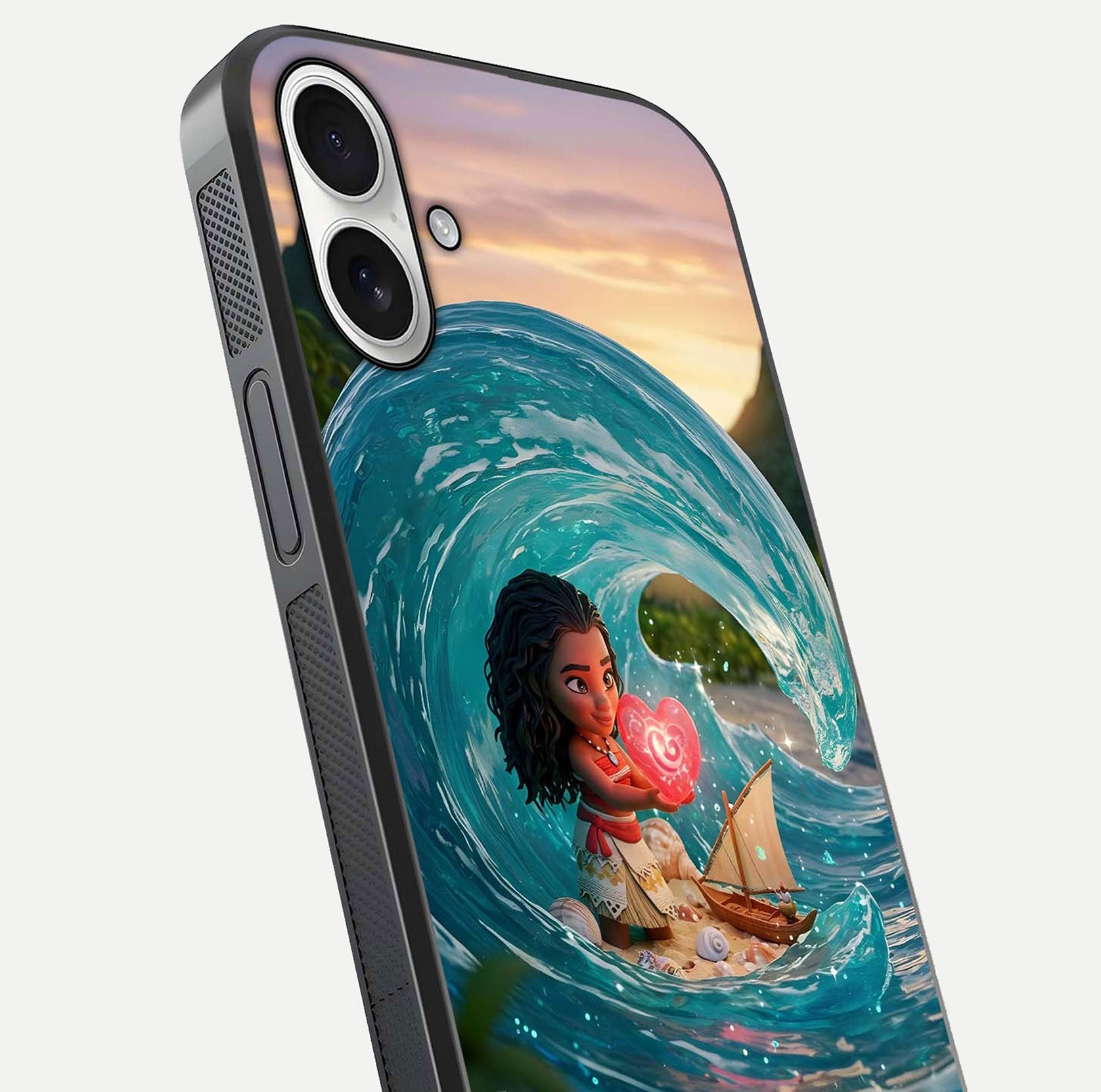 Heart of Ocean Glass Case for iPhone 17 close-up angled shot showing blue tones and reflection shine