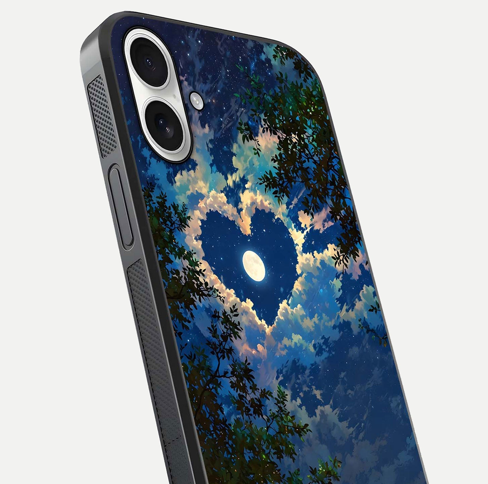 Heart with Moon Sky Glass Case for iPhone 17 close-up angled shot showing lunar reflection and shine detail