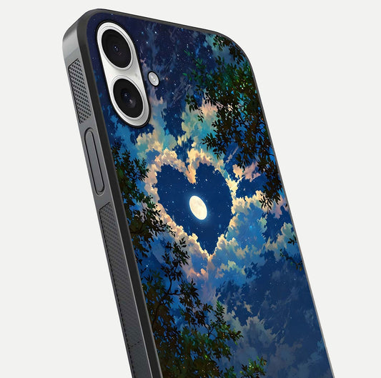 Heart with Moon Sky Glass Case for iPhone 17 close-up angled shot showing lunar reflection and shine detail