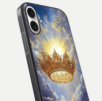Heavenly Crown Light Glass Case for iPhone 17 close-up angled shot showing glowing halo details and smooth reflection