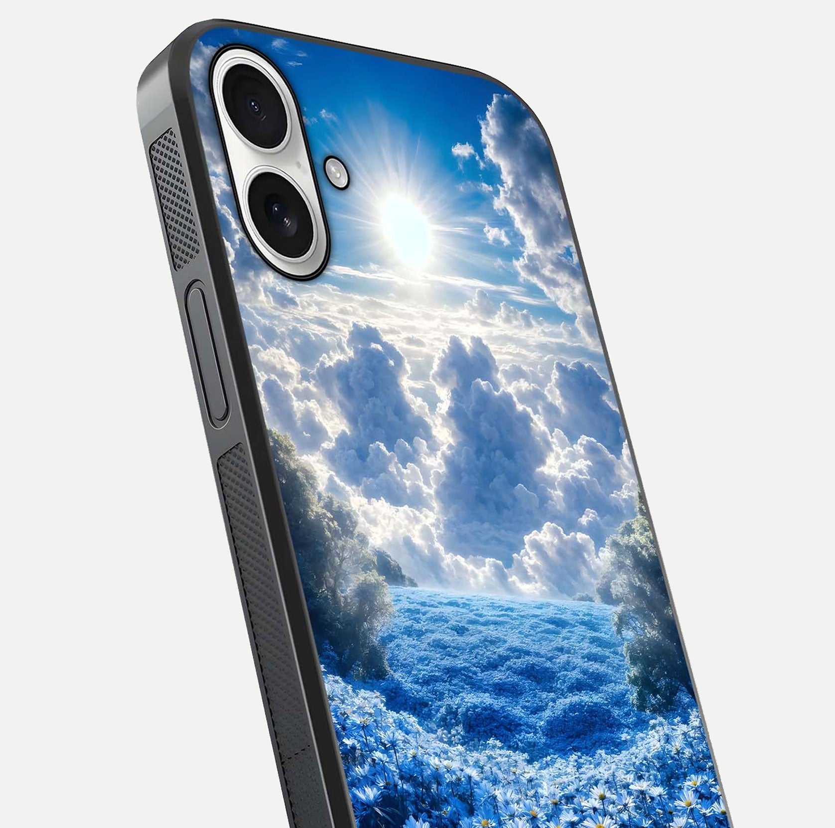 Heavenly Daisy Horizon Glass Case for iPhone 17 close-up angled shot showing daisy petal details and light reflection