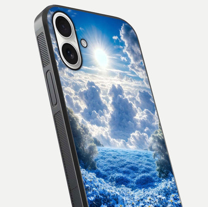 Heavenly Daisy Horizon Glass Case for iPhone 17 close-up angled shot showing daisy petal details and light reflection
