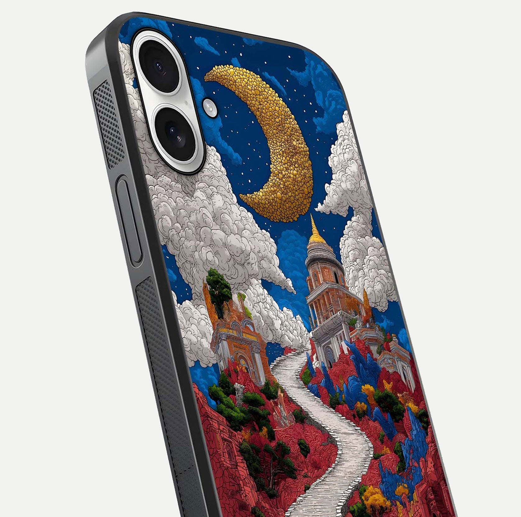 Heavenly Moon Path Glass Case for iPhone 17 close-up angled shot showing moon reflection and shimmer texture