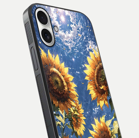 Heavenly Sunflower Rise Glass Case for iPhone 17 close-up angled shot showing sunflower texture and reflection polish