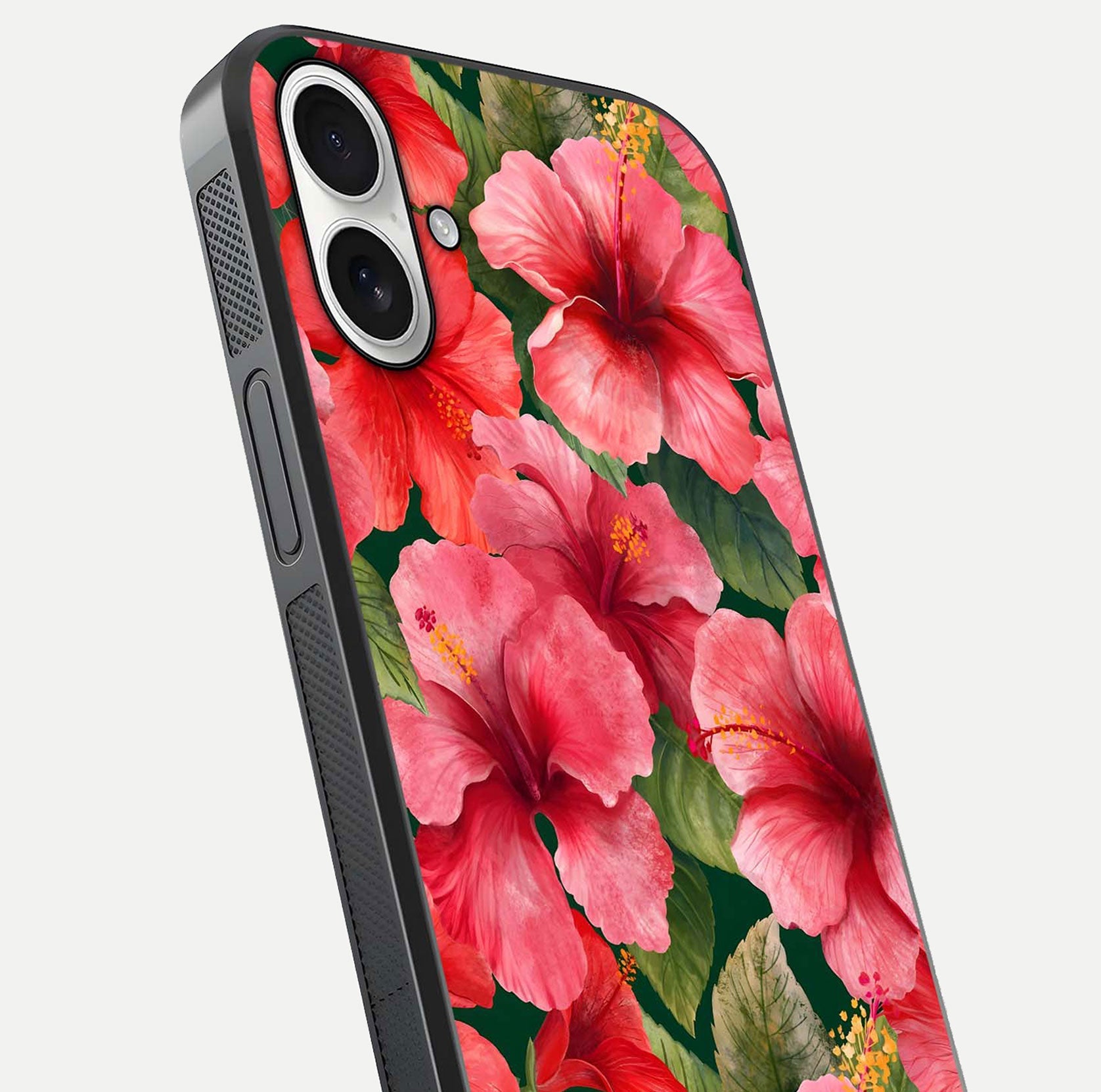 Hibiscus Pattern Glass Case for iPhone 17 close-up angled shot showing flower details and gloss reflection