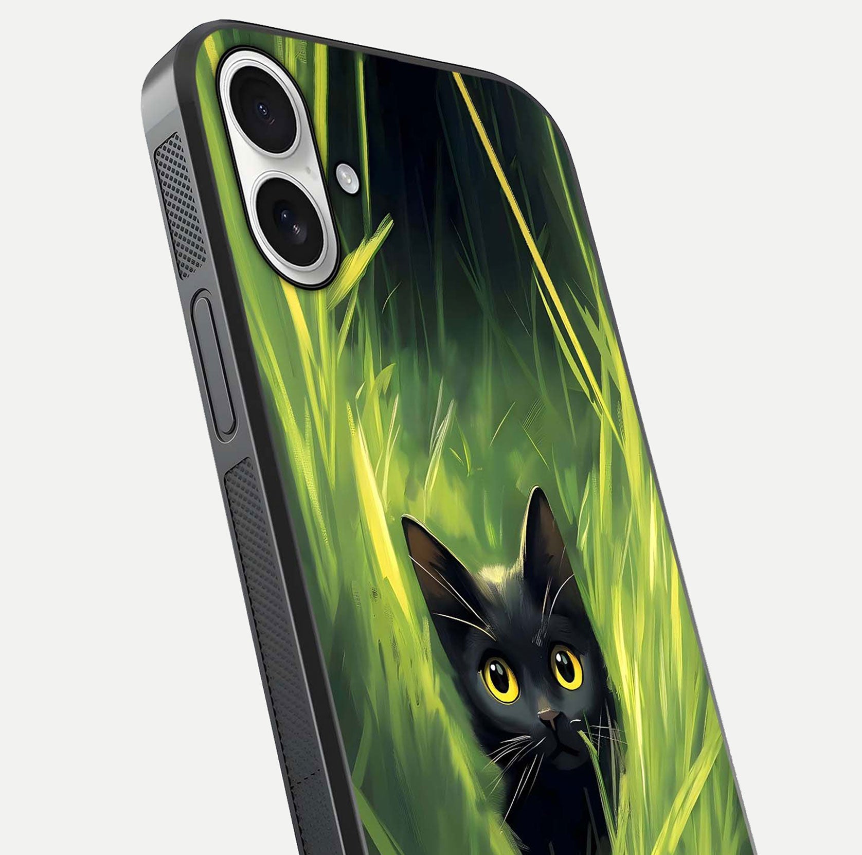 Hidden Cat Whisper Glass Case for iPhone 17 close-up angled shot showing feline details and reflection polish