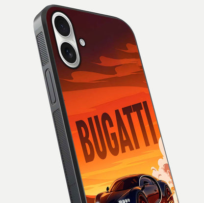 Inferno Bugatti Storm Glass Case for iPhone 17 close-up angled shot showing flame details and reflection shine