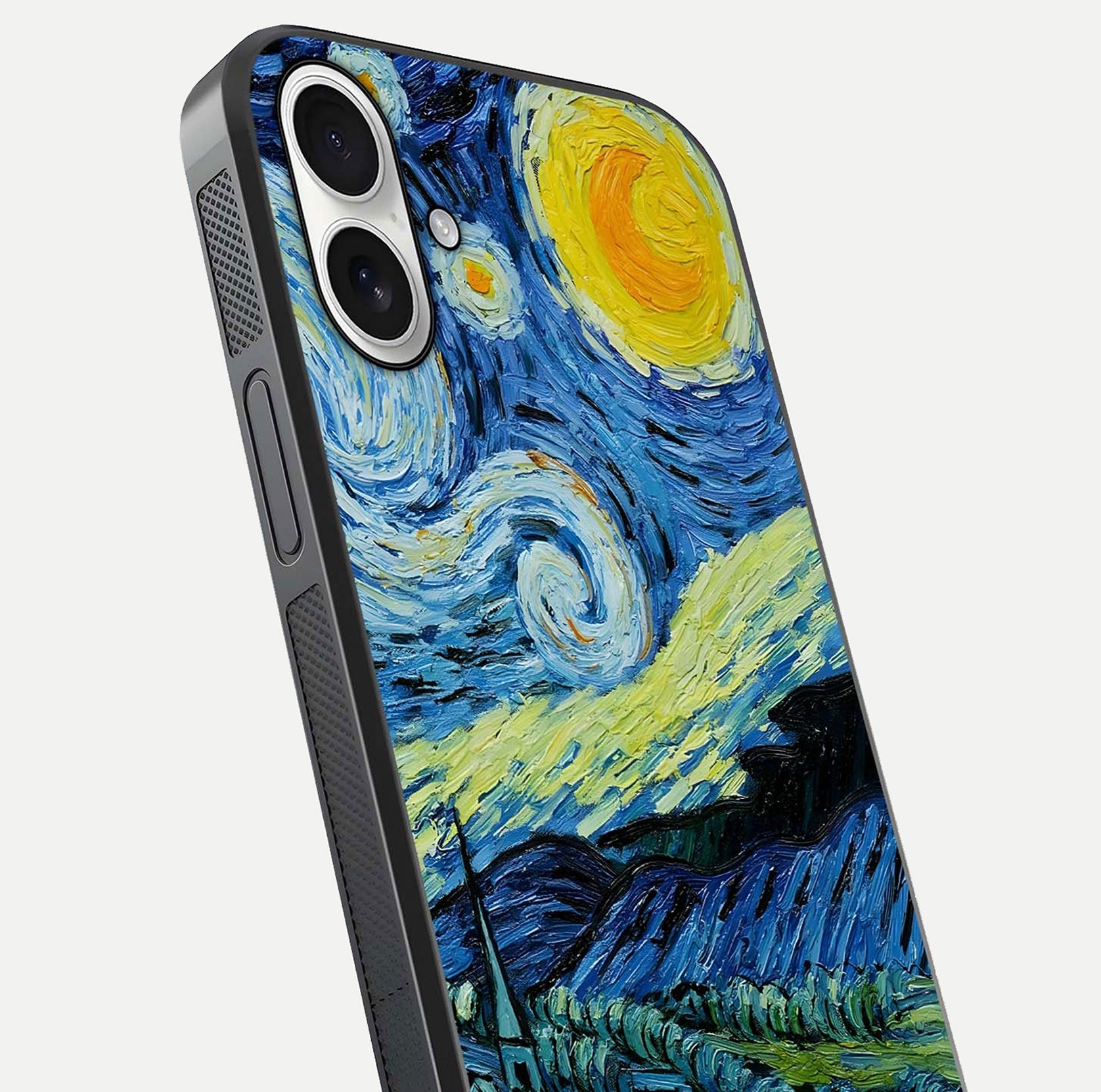 Inspired Van Gogh Art Glass Case for iPhone 17 close-up angled shot showing brushstroke texture and shine detail
