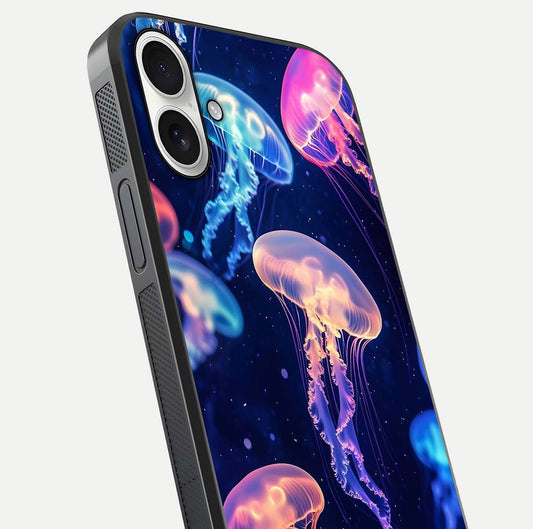 Jellyfish Pattern Glass Case for iPhone 17 close-up angled shot showing translucent tentacles and light reflection