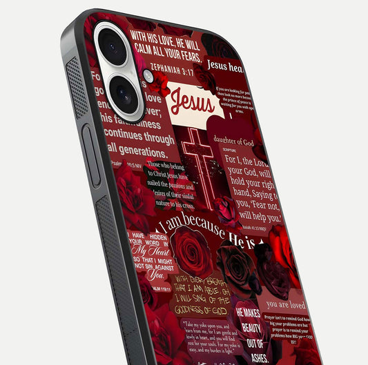 Jesus Love Heals Glass Case for iPhone 17 close-up angled shot showing healing text, cross detailing, and reflection