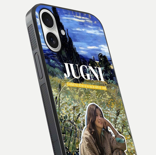 Jugni Soul Vibes Glass Case for iPhone 17 close-up angled shot showing typography detail and vibrant gloss reflection