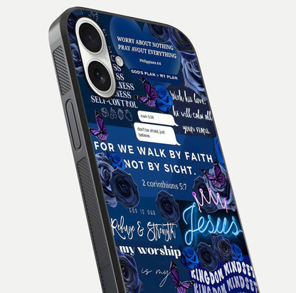 Kingdom Faith Glow Glass Case for iPhone 17 close-up angled shot showing luminous text and divine reflection