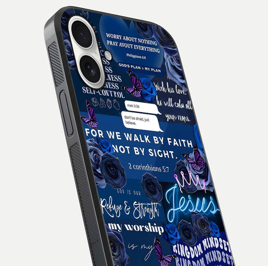 Kingdom Faith Glow Glass Case for iPhone 17 close-up angled shot showing luminous text and divine reflection