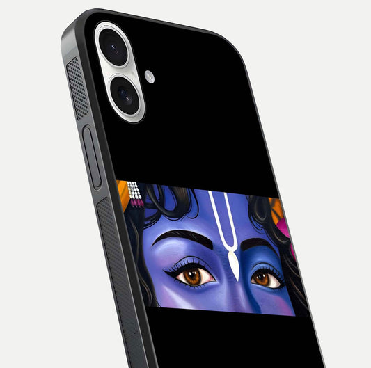 Krishna Eye Glass Case for iPhone 17 close-up angled shot showing intricate artwork and reflection shine
