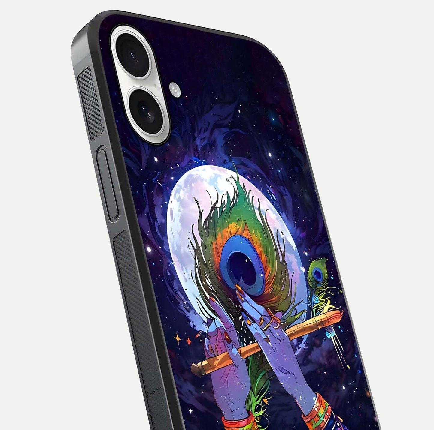 Krishna Hands Art Glass Case for iPhone 17 close-up angled shot showing detailed hand design and shine