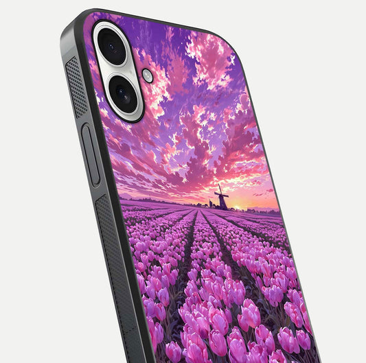 Lavender Dream Skies Glass Case for iPhone 17 close-up angled shot showing purple hues and soft reflection