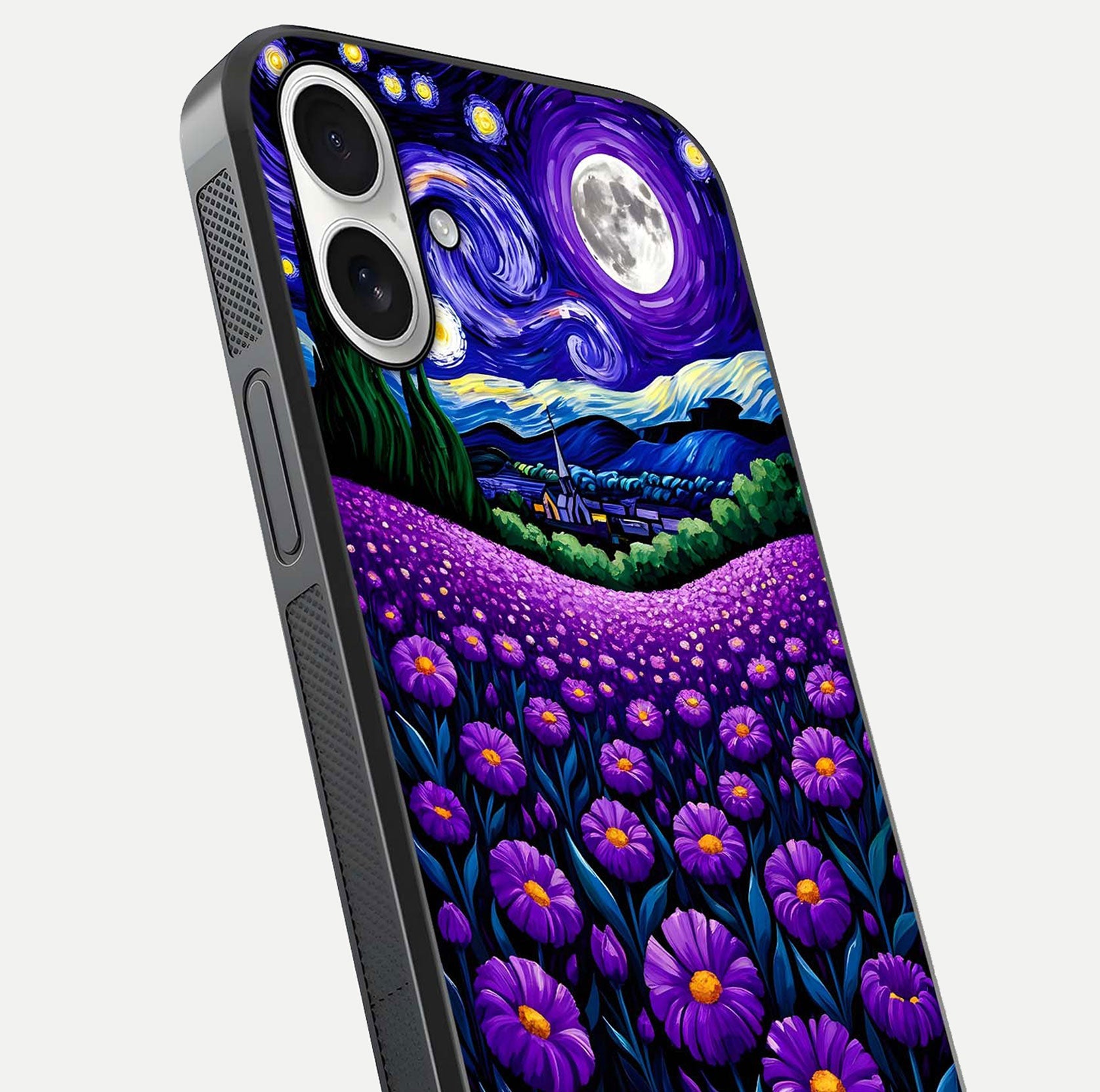 Lavender Moon Field Glass Case for iPhone 17 close-up angled shot showing moon glow and purple detailing