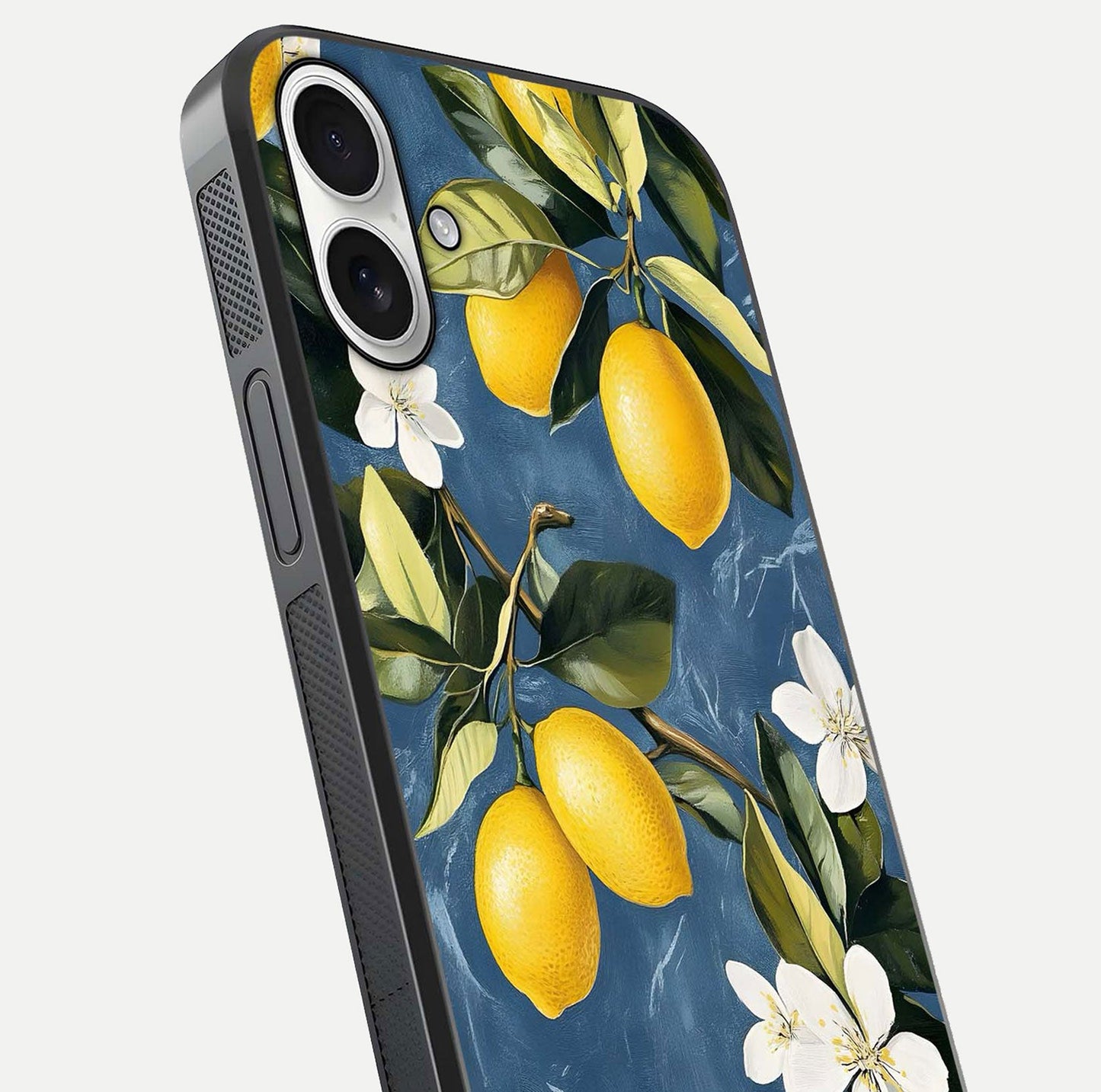 Lemon Dream Garden Glass Case for iPhone 17 close-up angled shot showing fruit details and shine reflection