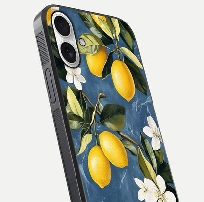Lemon Dream Garden Glass Case for iPhone 17 close-up angled shot showing fruit details and shine reflection
