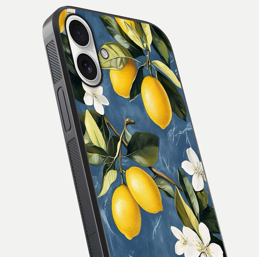 Lemon Dream Garden Glass Case for iPhone 17 close-up angled shot showing fruit details and shine reflection