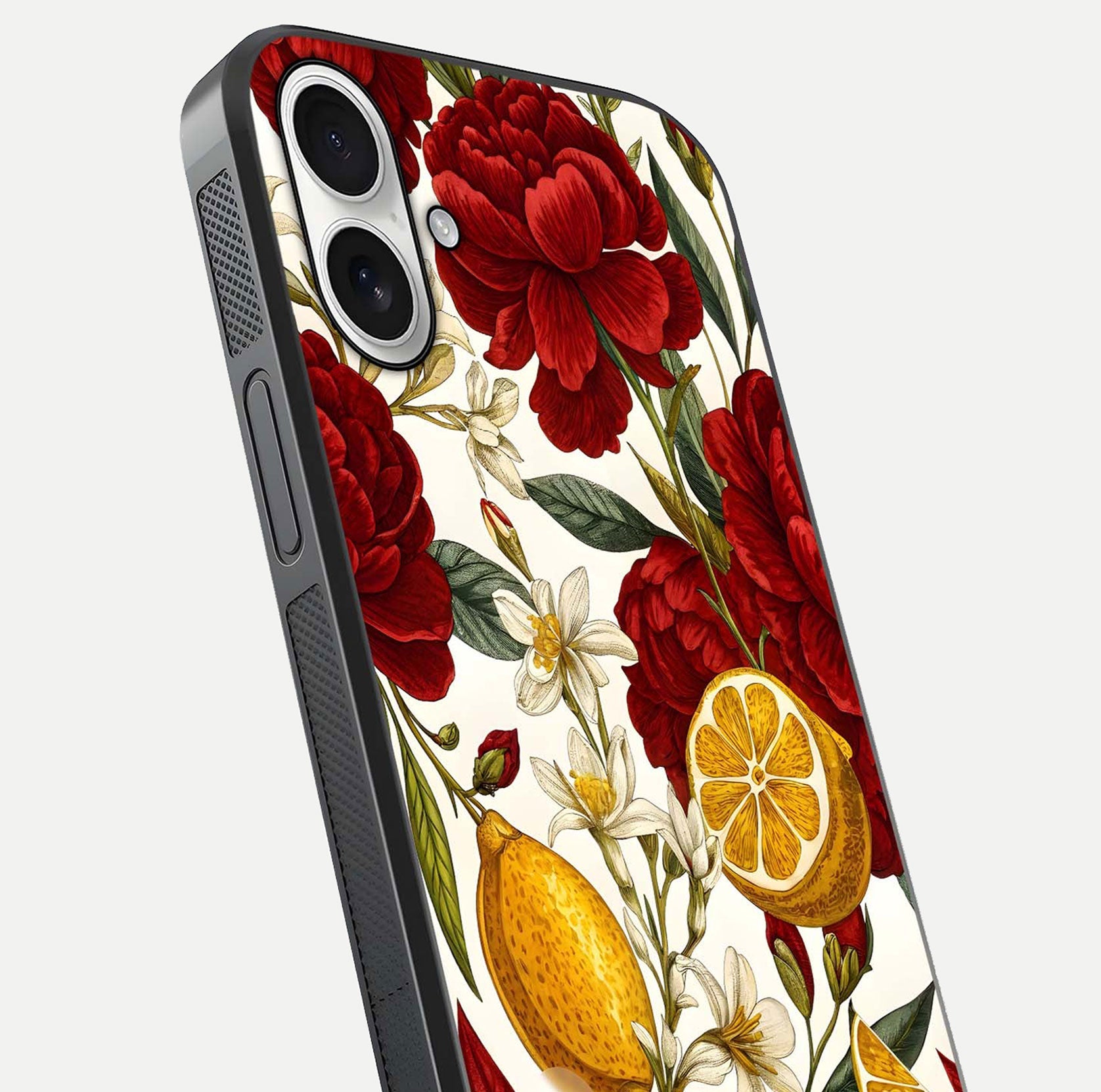 Lemon Rose Charm Glass Case for iPhone 17 angled close-up showing vivid rose details and HD glass reflection